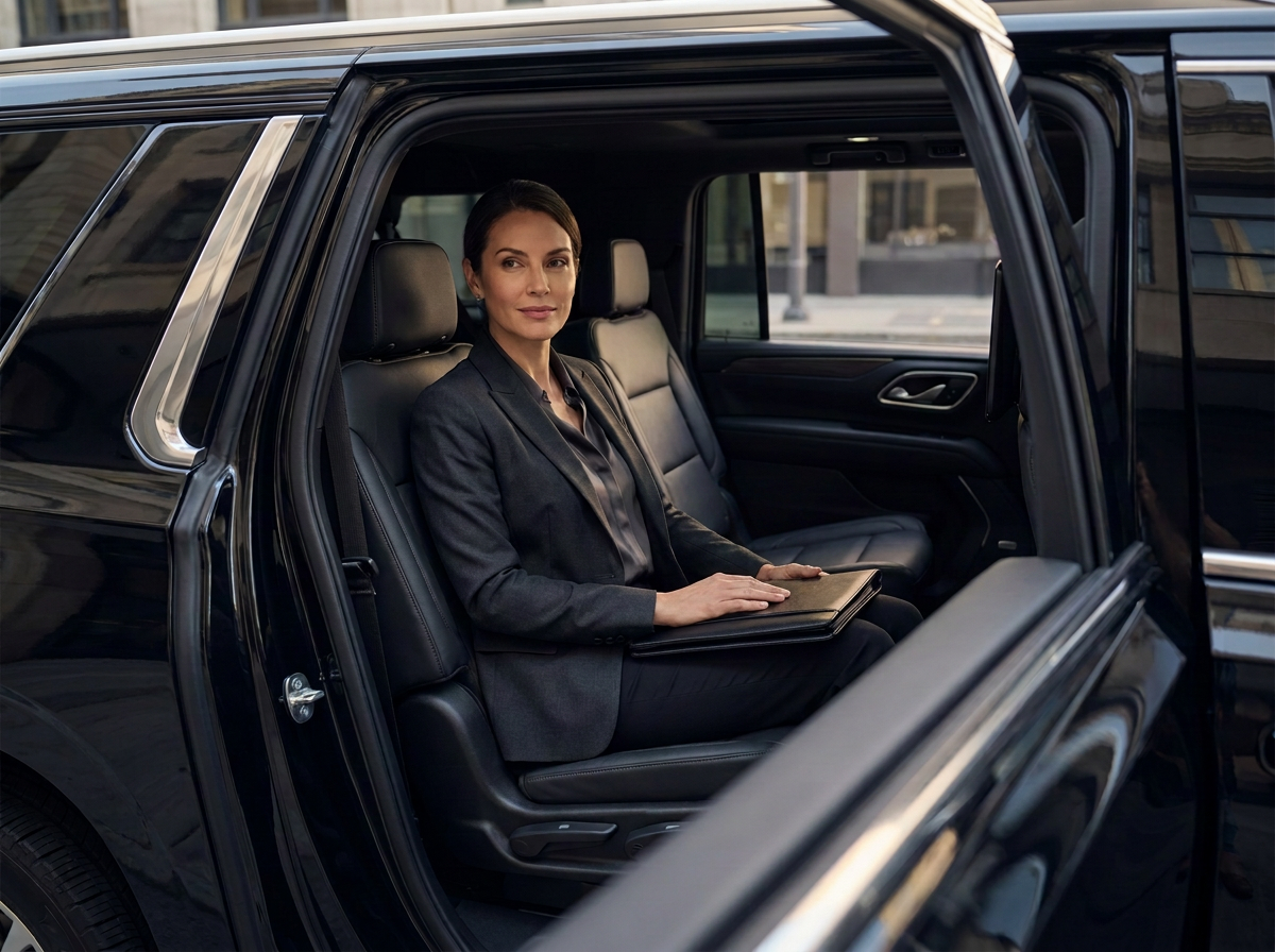 Chauffeur opening the door of a black Chevrolet Suburban for a passenger