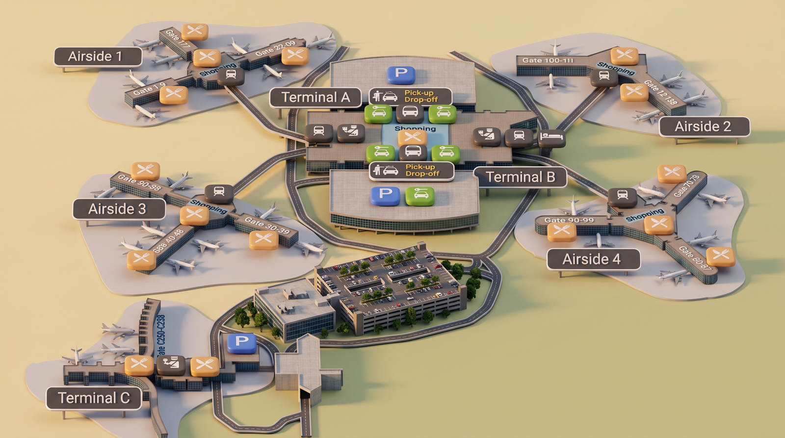 Orlando International Airport (MCO) terminal map showing Airside A, B, C, D and the main terminal