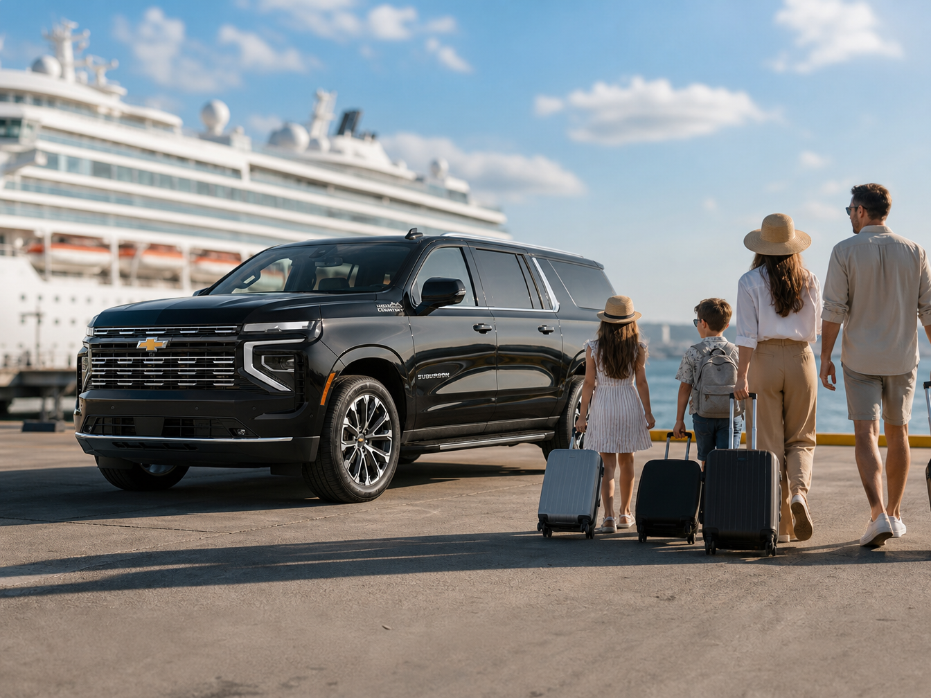 Family with luggage beside a black Chevrolet Suburban at a cruise port