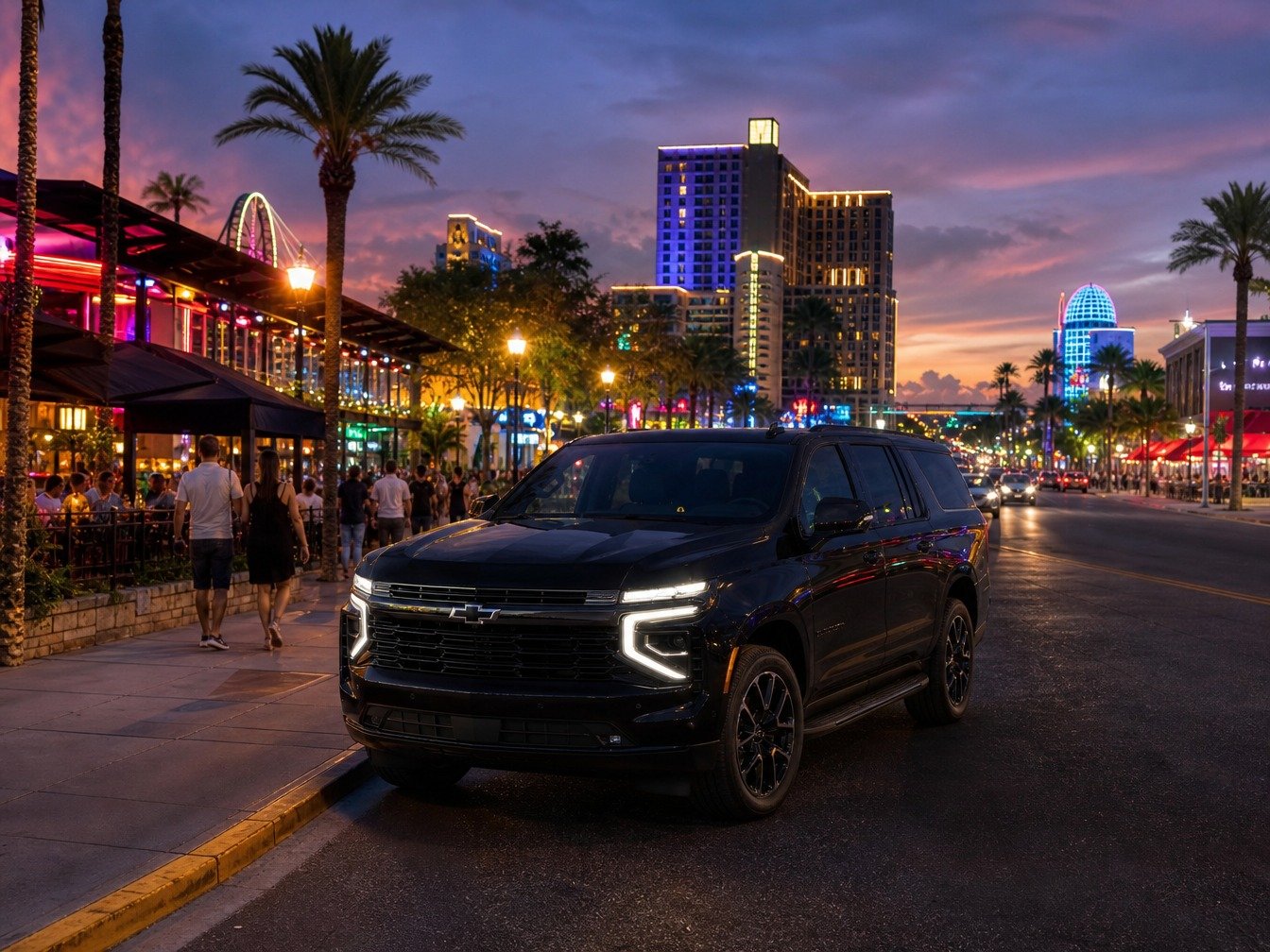 Car service along International Drive in Orlando at night