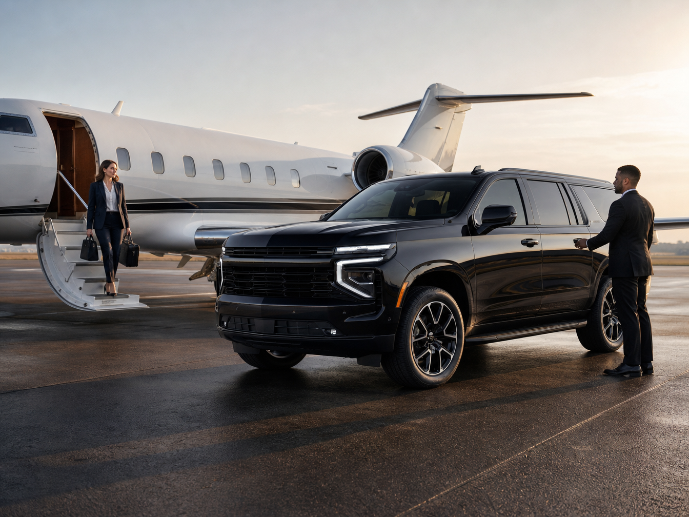 Black Chevrolet Suburban at a private jet terminal, Orlando Airport Black Car Service