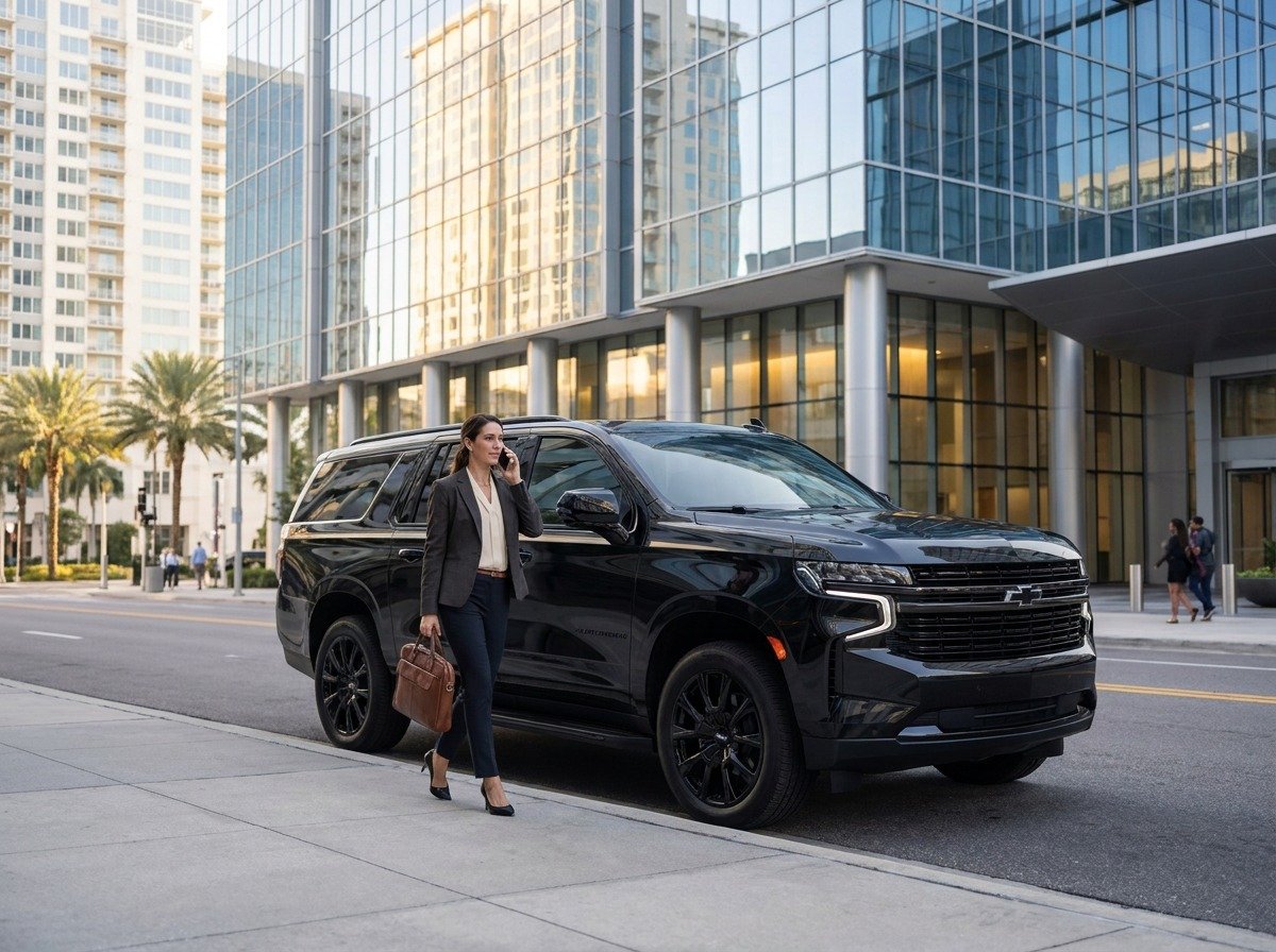 Businesswoman walking toward a black car service vehicle