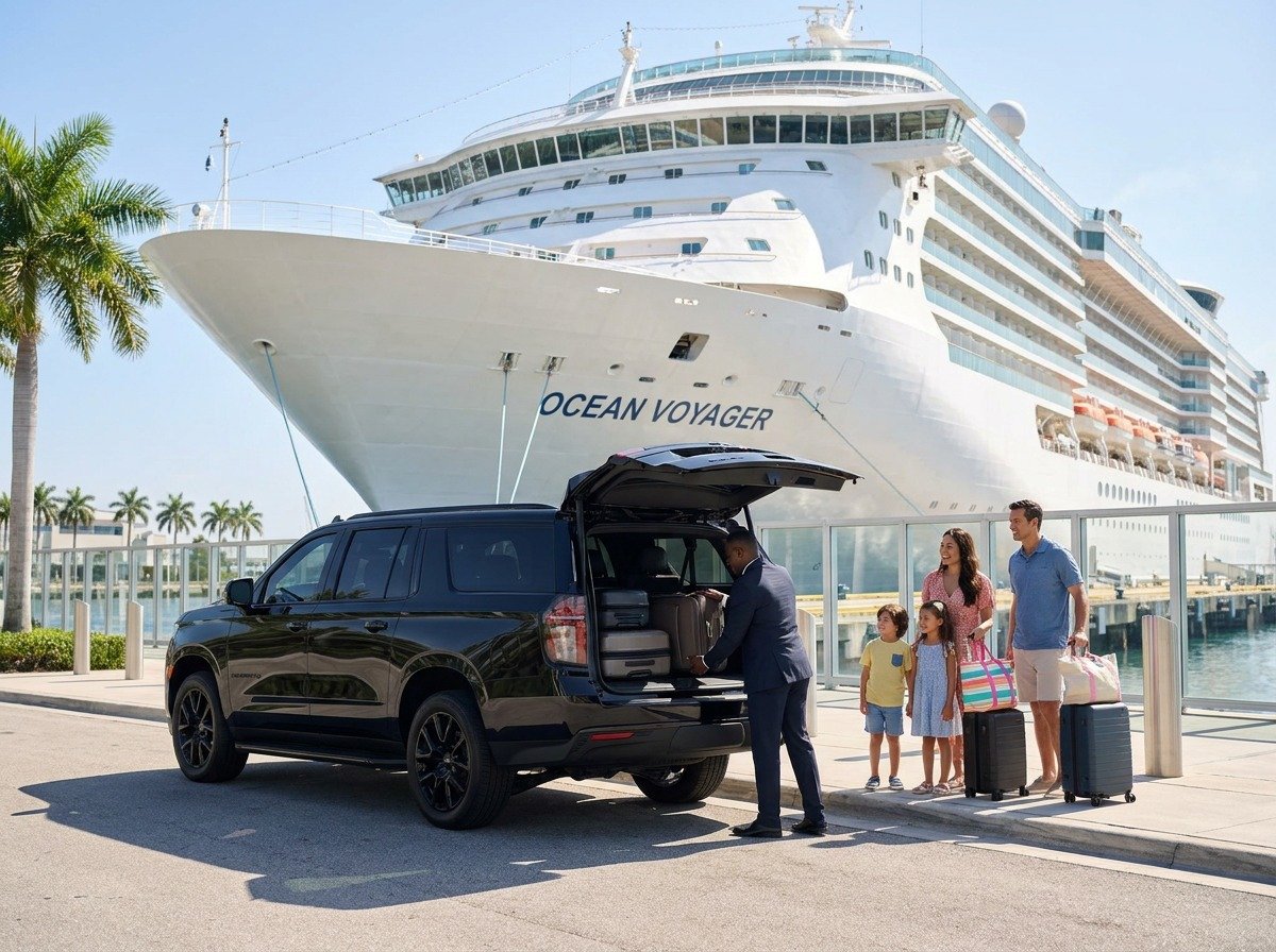 Family with luggage beside a black Chevrolet Suburban at a cruise port