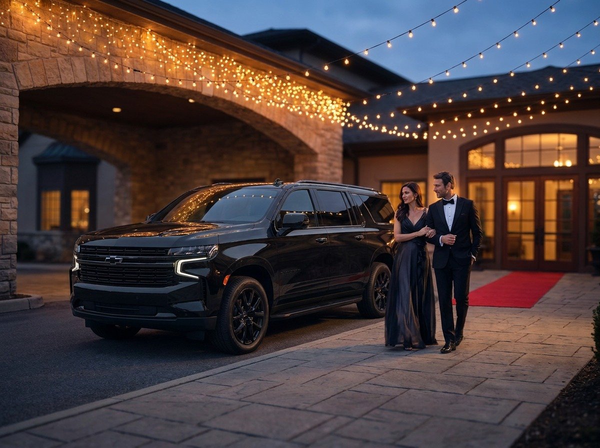 Well dressed couple arriving at an event in a black car