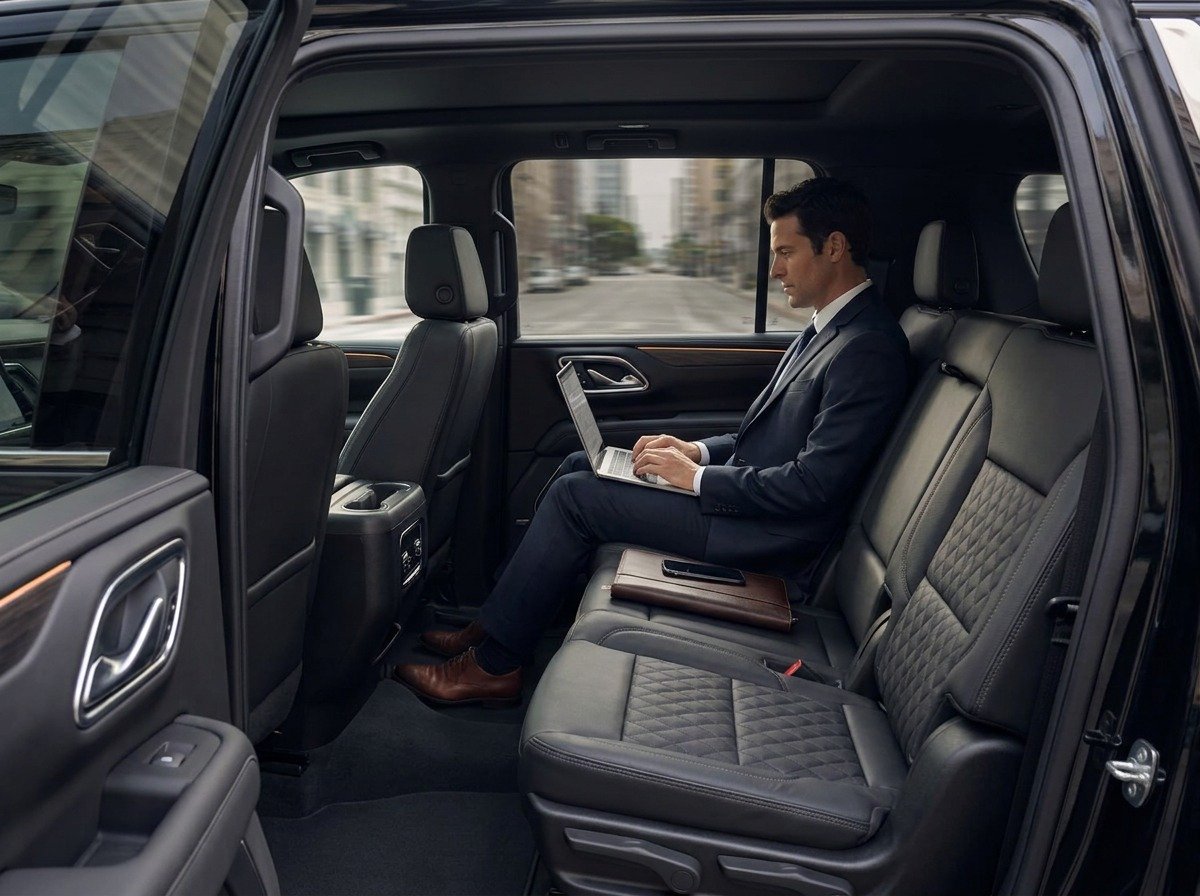 Businessman working inside the rear seat of a black Chevrolet Suburban