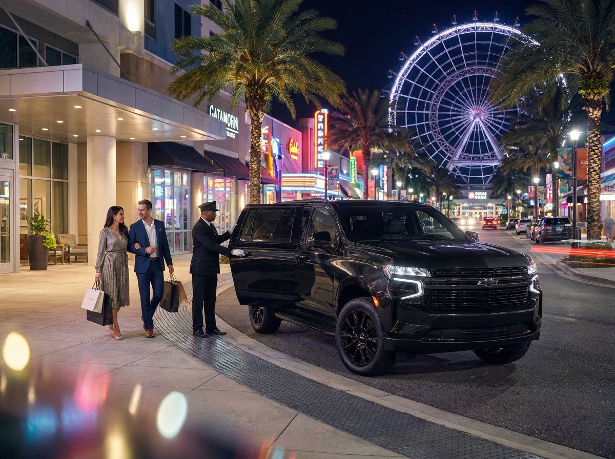 Car service along International Drive in Orlando at night